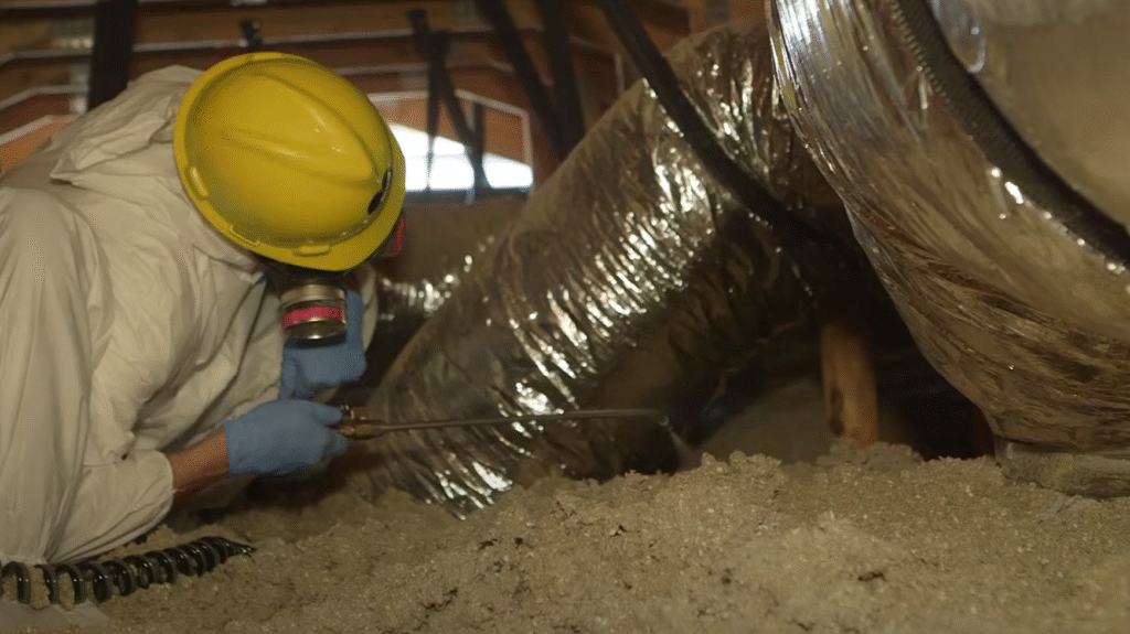 Exterminator applying pest control treatment in attic insulation, demonstrating Pest Control Service in Cicero for hard-to-reach areas.