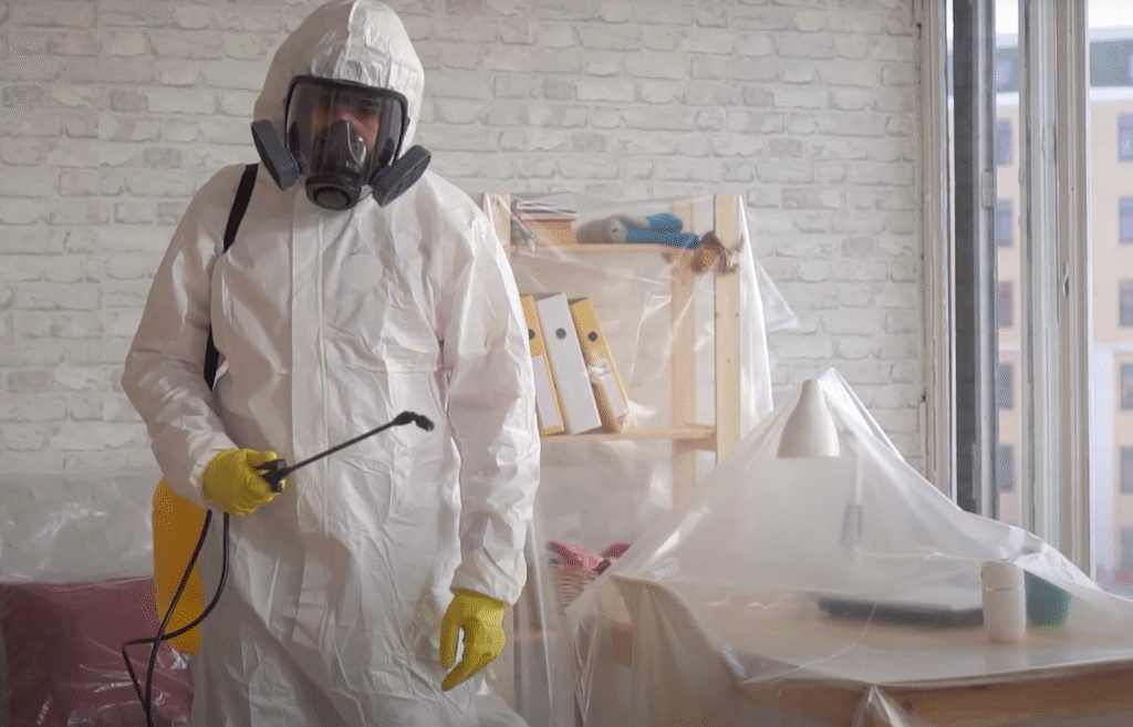 Pest control professional in protective suit treating an indoor space, illustrating Pest Control Service in Cicero for severe infestations.